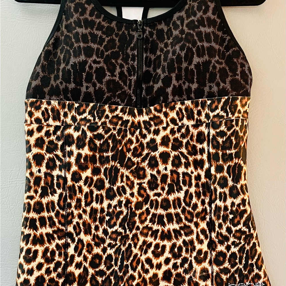 Bebe Sport Leopard Rhinestone Compression Tank Top Mesh 1/4 Zip L Y2K Clubwear